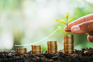 Coins stacked in increasing order with a young plant growing on top, symbolising rising investment, sustainable growth, and economic development in Tanzania
