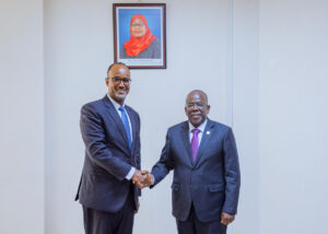 Tanzania Finance Minister Ambassador Khamis Mussa Omar meeting World Bank Country Director Nathan Belete in Dodoma to discuss implementation of World Bank-funded development projects.